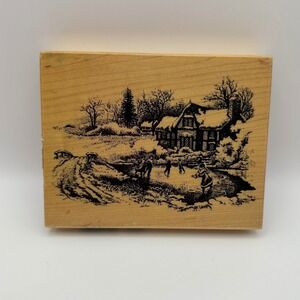 PSX Victorian Winter Ice Skating Cottage K-3533 Wood Mount Rubber Stamp Vintage